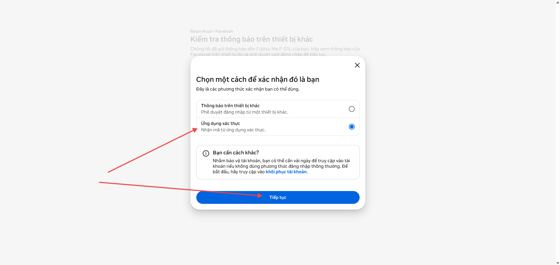 Chọn xác minh bằng ứng dụng xác thực