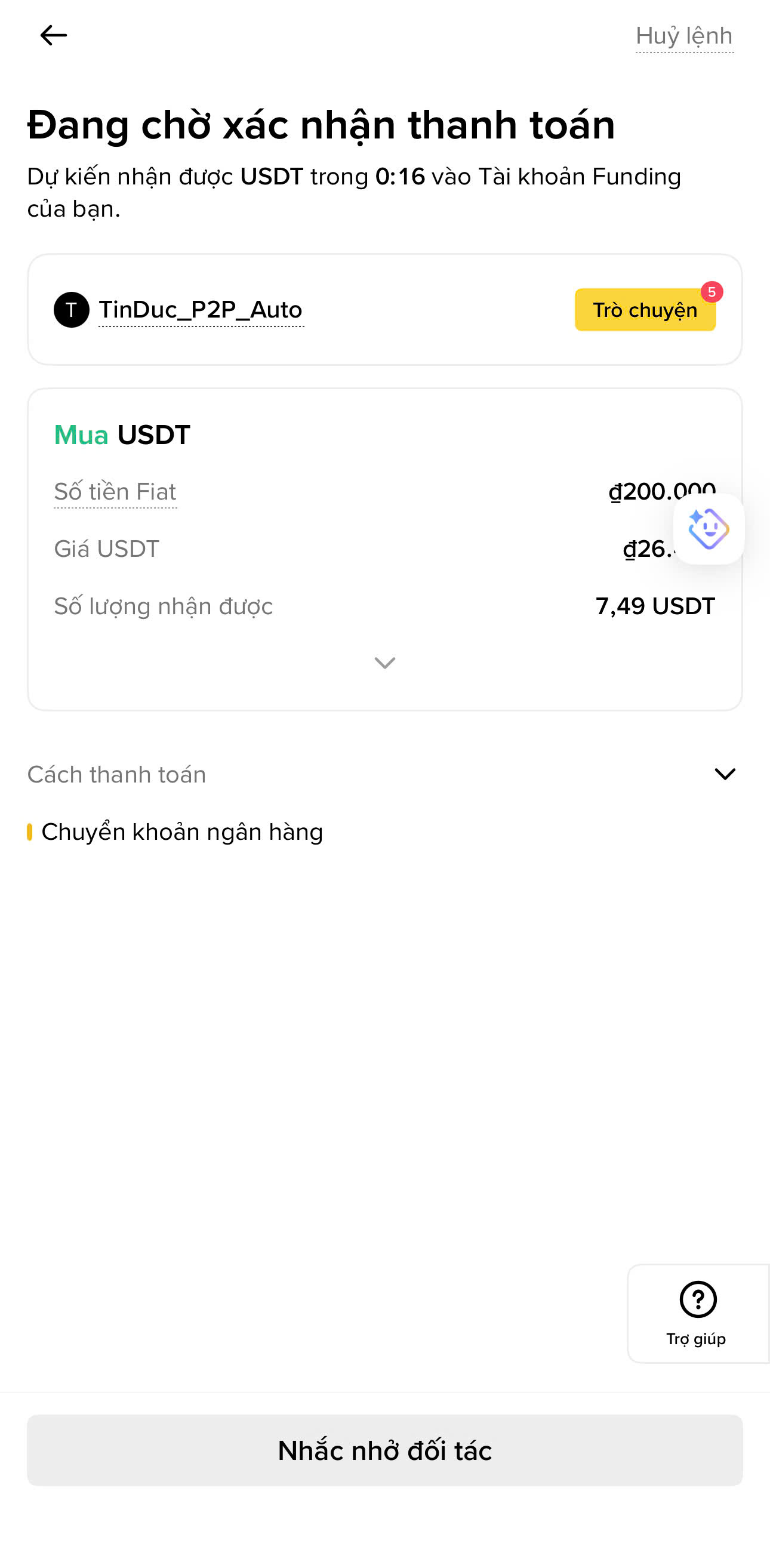 Chờ seller release USDT