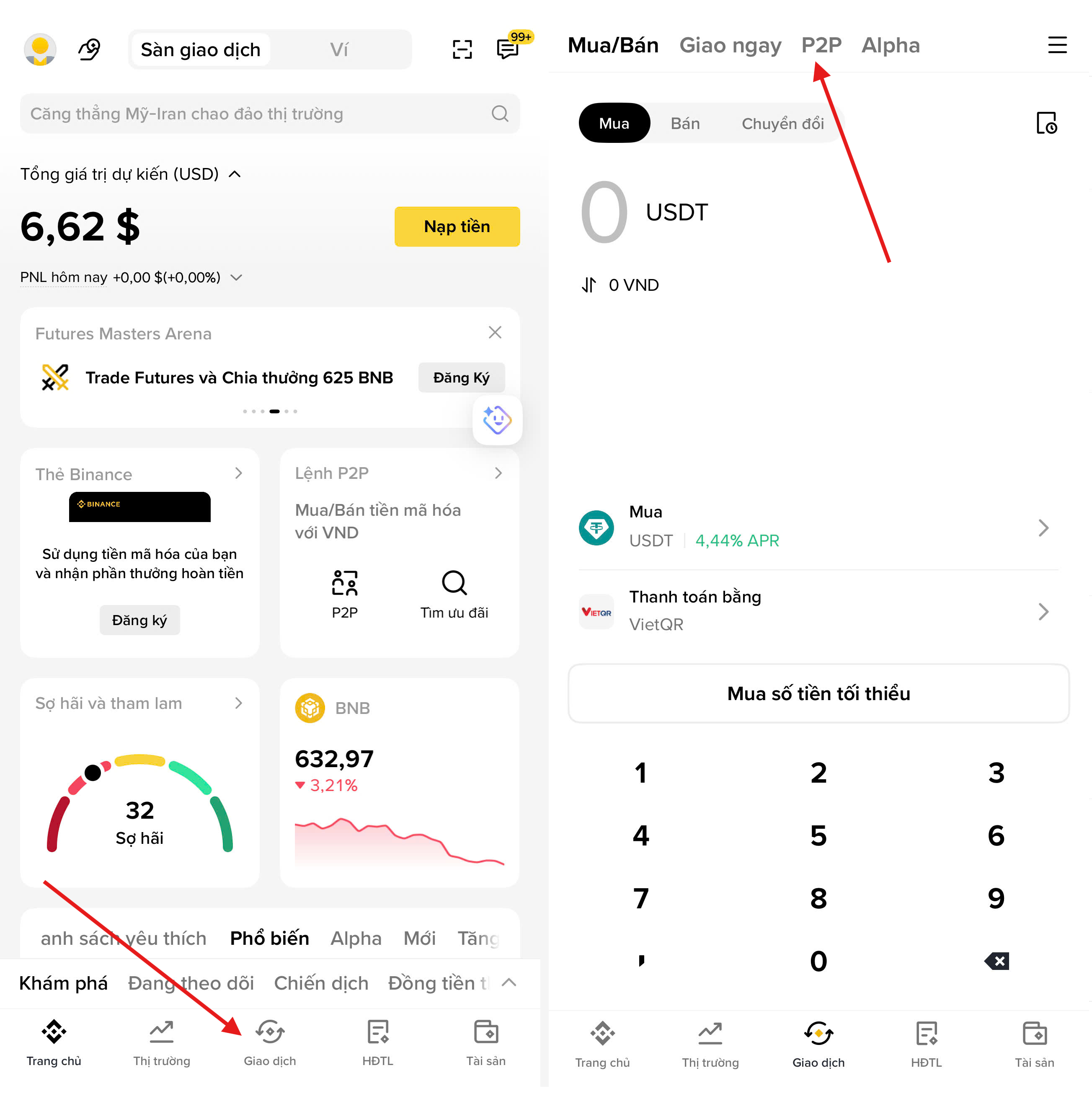 Mở chợ P2P và chọn mua USDT