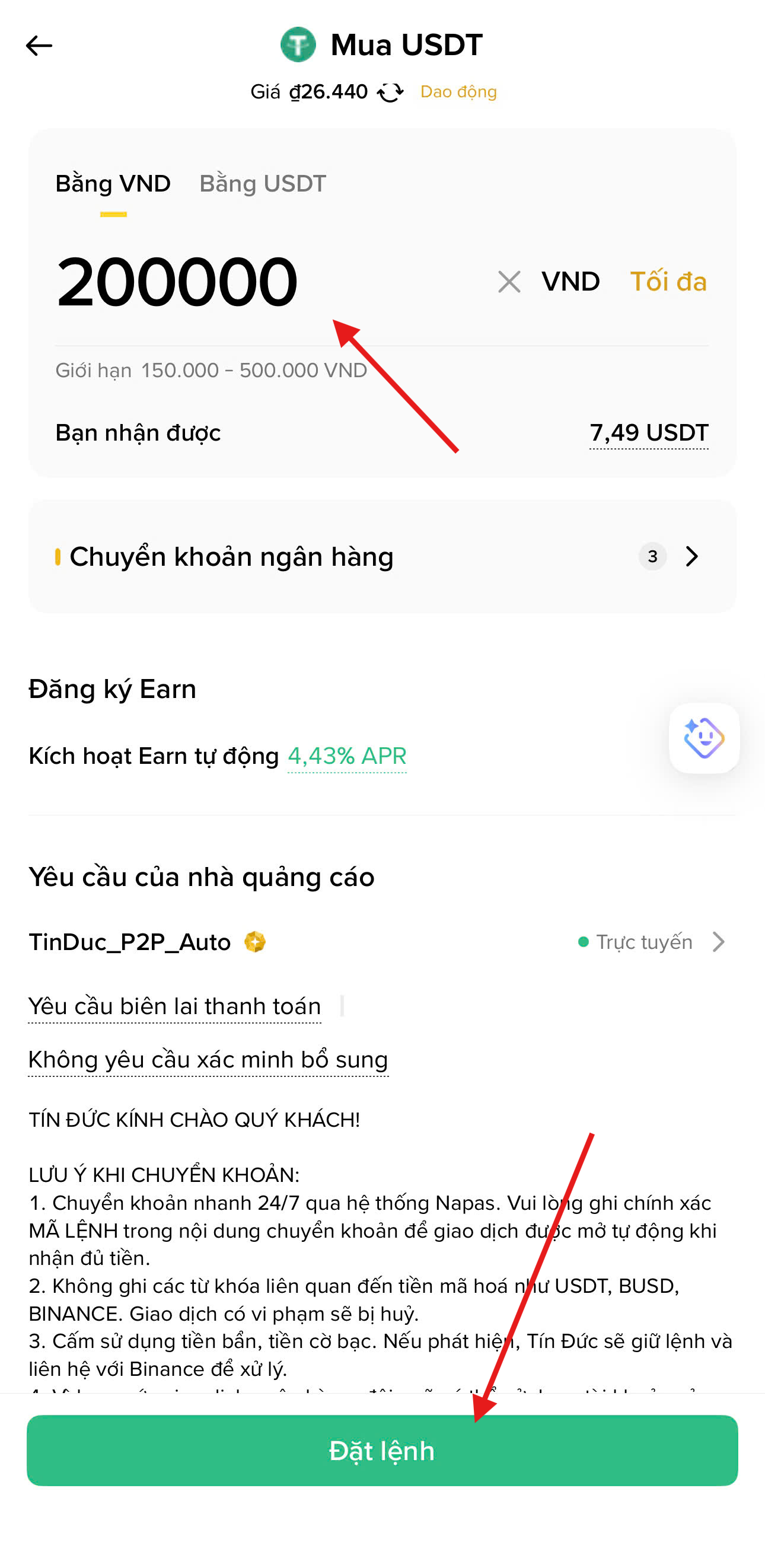 Nhấn "Mua" và nhập số tiền