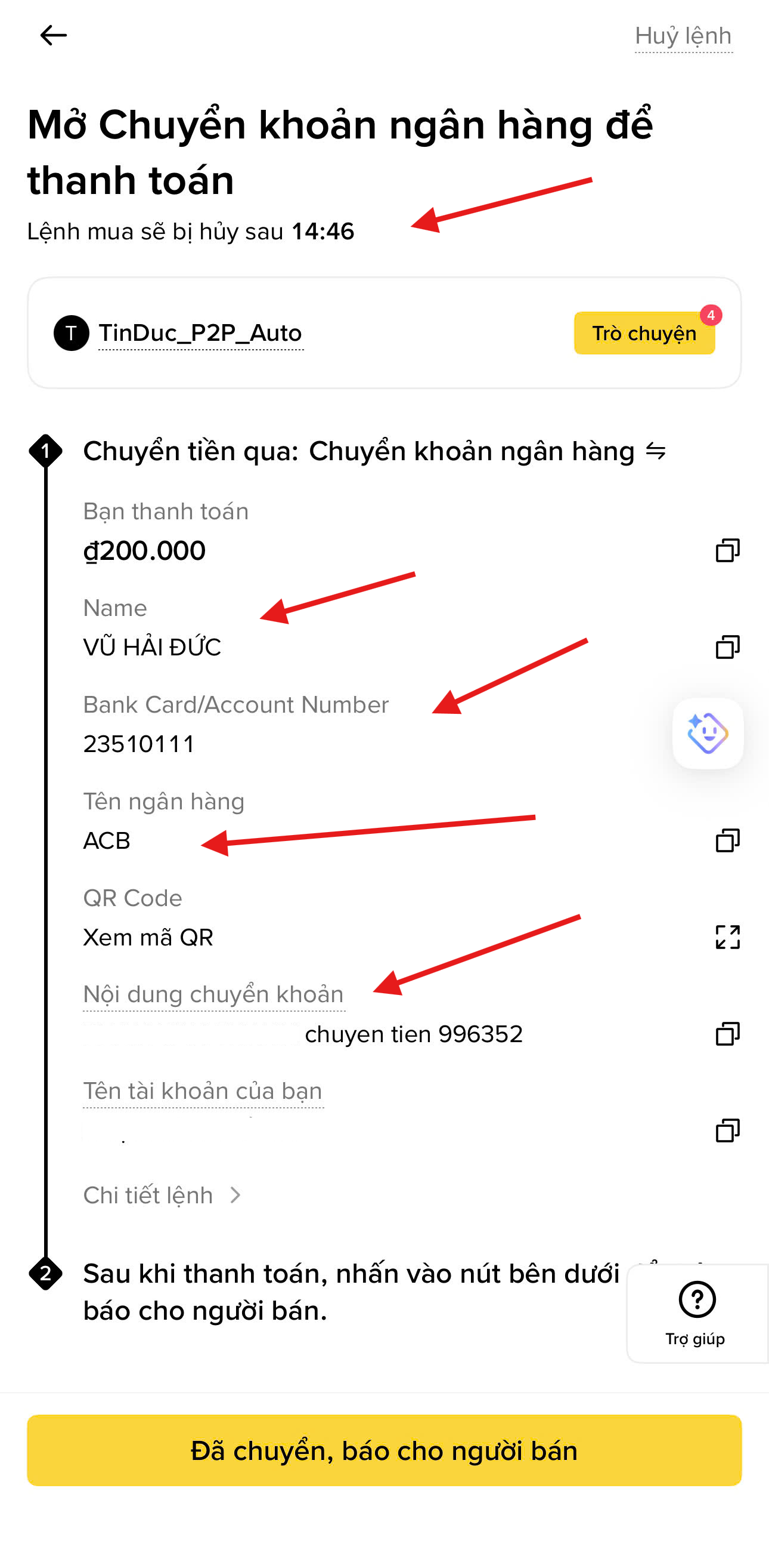 Đọc kỹ thông tin chuyển khoản và bắt đầu đếm ngược