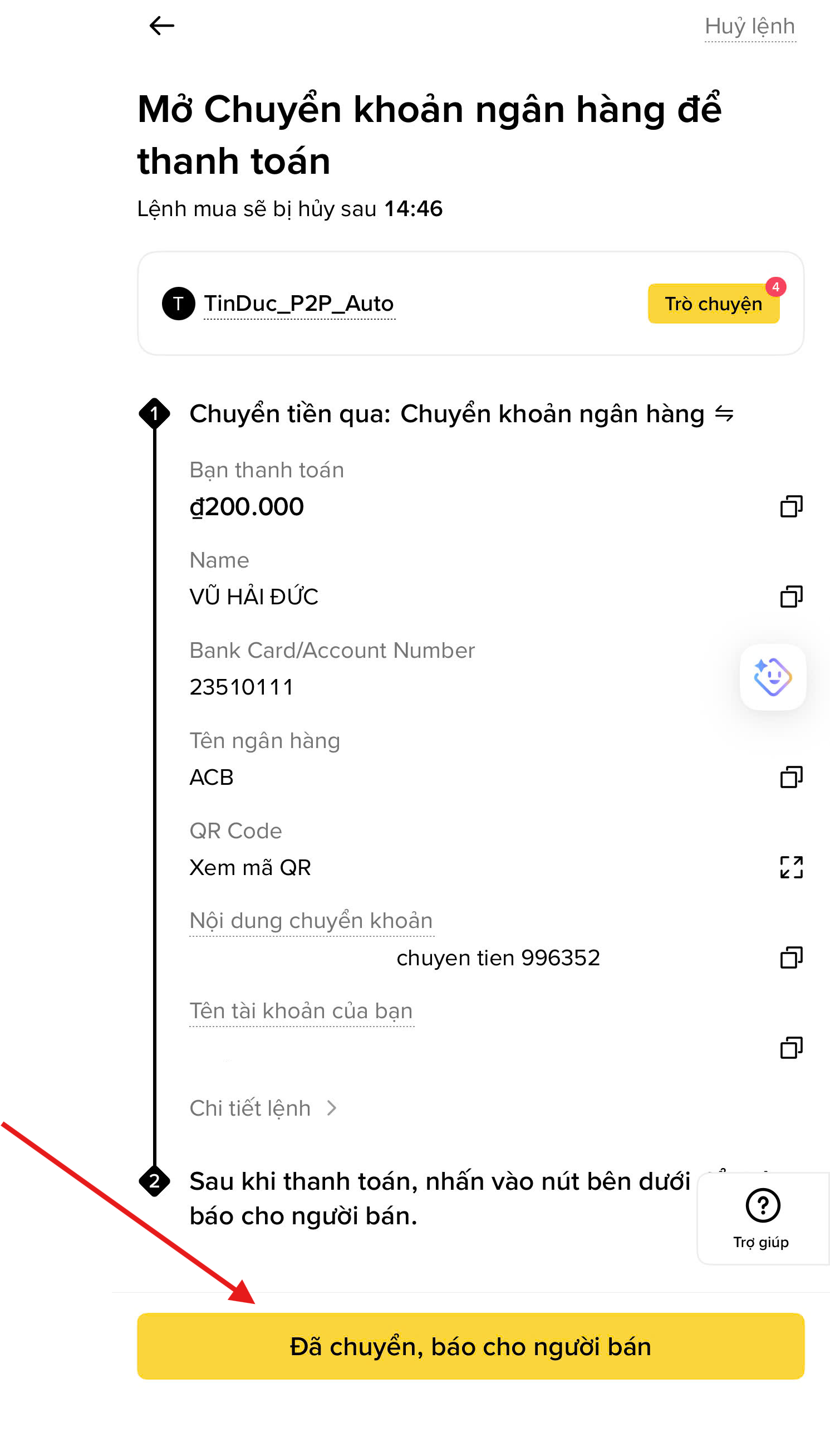 Nhấn "Đã chuyển, thông báo người bán"