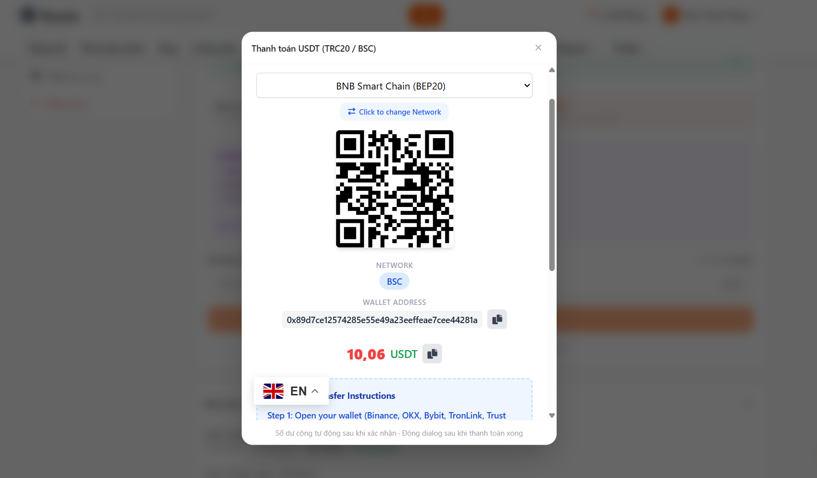 Sao chép địa chỉ ví nhận
