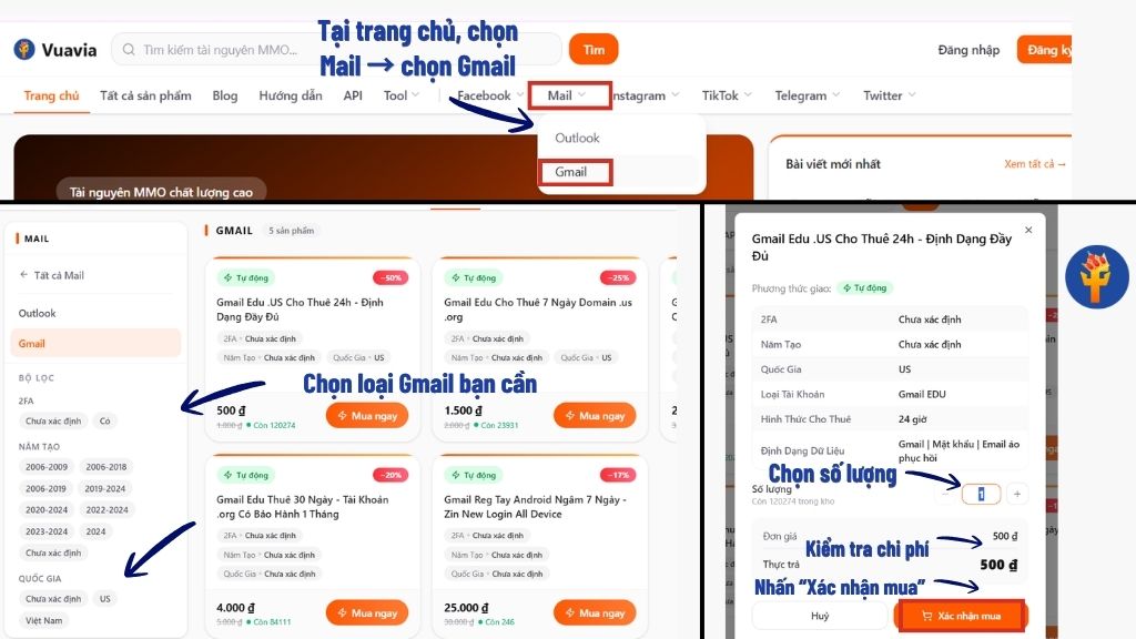 Hướng dẫn mua gmail tại Vuavia chi tiết