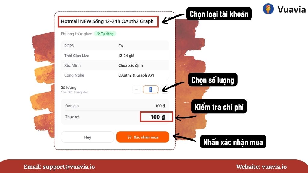 Chọn số lượng tài khoản cần mua và đặt hàng